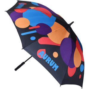 A full-colour golf umbrella featuring a black canopy with multicoloured abstract shapes and a logo.