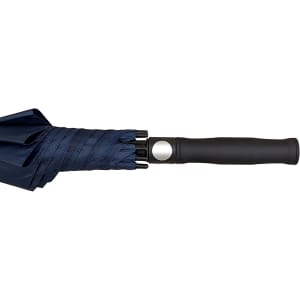 A navy blue promotional golf umbrella with a black handle and a logo on the side.