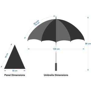 A black golf umbrella with a grey panel design, featuring dimensions for both the umbrella and a panel.