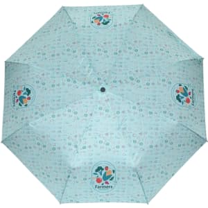 A full-colour umbrella featuring a light blue design with various patterns and a logo. It has eight panels.