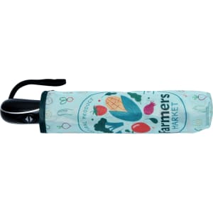 A full colour umbrella with a light blue cover featuring various fruit and vegetable illustrations. It has a black handle and a logo.