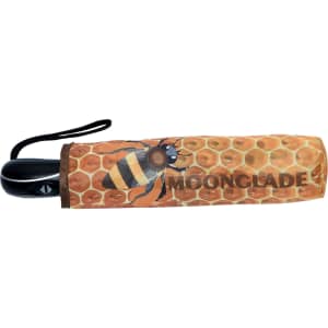 A full colour umbrella with a honeycomb and bee design, featuring a black handle and strap.