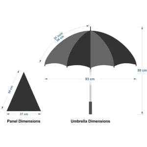 A black umbrella with a grey canopy, featuring dimensions for the umbrella and panel, along with a logo.