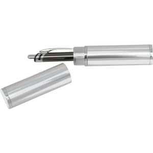 A silver pen presentation tube with a shiny surface, featuring a removable cap and a pen inside.