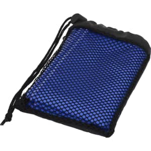 A blue microfibre towel enclosed in a black mesh pouch with a drawstring closure.