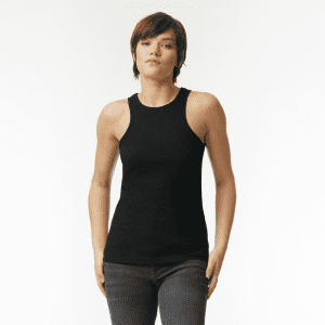 A black women's racerneck tank top with a fitted design, featuring a logo.