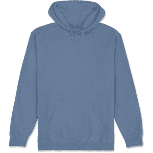 A blue adult hooded sweatshirt featuring a front pocket and an adjustable drawstring hood. It has a logo on it.