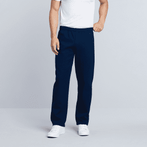 Navy blue heavy blend adult open bottom sweatpants with an elastic waistband, worn by a model in a white t-shirt.