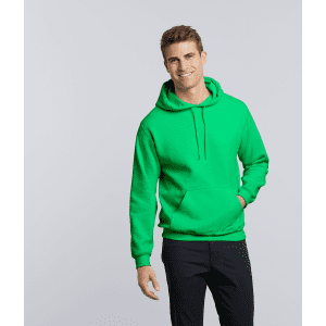 A green heavy blend adult hooded sweatshirt featuring a front pocket and a drawstring hood.