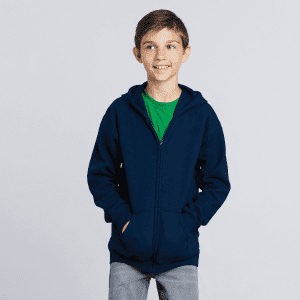 A youth model in a navy full zip hooded sweatshirt, featuring a front pocket and a hood.