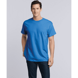 A blue Ultra Cotton adult T-shirt on a male model, featuring a simple design and a logo.