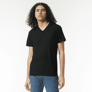 A black unisex V-neck T-shirt displayed on a model with curly hair, paired with blue jeans.