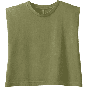 A green muscle t-shirt with a round neckline and a logo on the label.