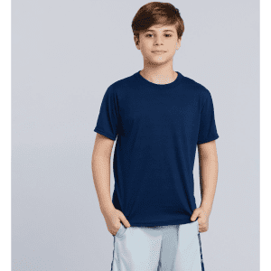 A navy blue performance youth t-shirt displayed on a young model, featuring a simple design and a round neckline.
