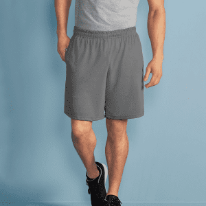 Performance adult shorts in grey, featuring an elastic waistband and a relaxed fit. Suitable for sports activities.