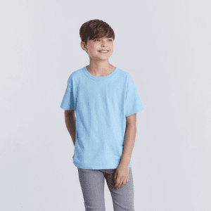A youth t-shirt in light blue, featuring short sleeves and a classic crew neckline. The shirt has a logo.
