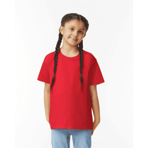 A red youth short sleeve T-shirt displayed on a child with braided hair, featuring a simple design and relaxed fit.