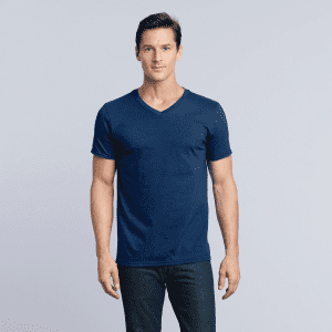 Navy blue Softstyle adult V-neck T-shirt displayed on a model against a plain background.