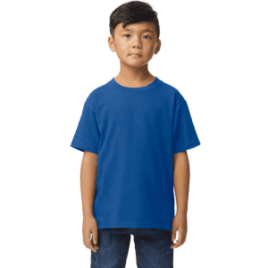 A midweight youth T-shirt in vibrant blue, featuring a simple design and a logo on the front.