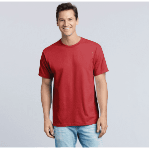 A red adult T-shirt featured on a model, showcasing a casual style with a logo on it.