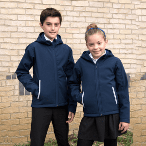 A navy blue softshell jacket with a hood, featuring contrasting white zippers and side pockets, worn by two children.