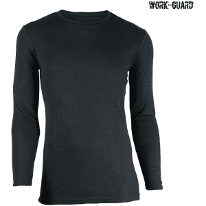 A black long-sleeve round neck thermal shirt with a branding logo. Suitable for workwear.