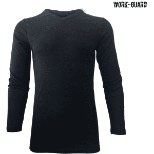 A black longsleeve V-neck thermal work shirt featuring a simple design and a logo.
