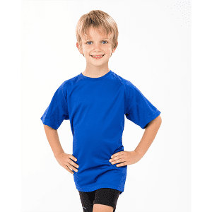 A blue Youth Impact Performance Aircool T-shirt with short sleeves, featuring a logo.