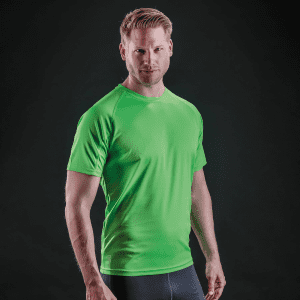 A bright green Adult Impact Performance Aircool T-Shirt with short sleeves and a fitted design.