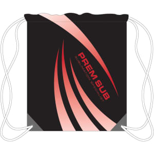 A black drawstring bag featuring red and pink curved stripes, with a logo at the centre.