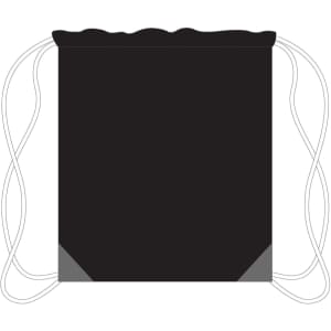 A black drawstring bag with grey corners and white cords, featuring a branding logo.