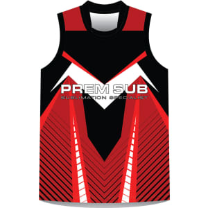 A red and black AFL singlet playing top featuring a bold design and a logo.
