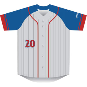 A grey baseball jersey with blue and red sleeves, featuring a logo and the number 20.