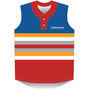 A sleeveless baseball jersey in blue and red with multi-coloured stripes and a collar, featuring a logo on the front.