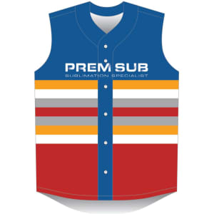 A sleeveless baseball jersey featuring blue, red, and striped designs in various colours, with a logo on the front.