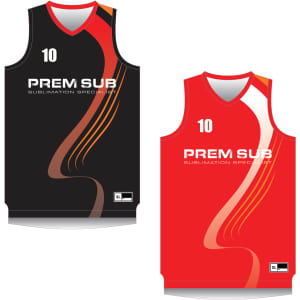 A reversible basketball singlet in black with red accents and a red version with black accents, featuring a logo.