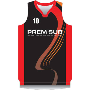 A black basketball singlet featuring red accents and a branding logo. The design includes a number '10'.