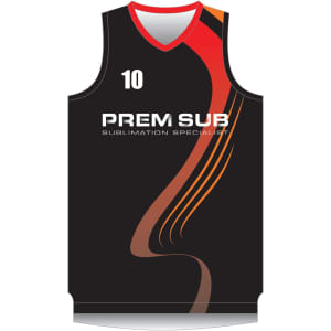 A black basketball singlet with red and orange accents, featuring a logo and the number 10.