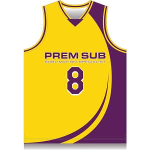 A basketball singlet in yellow and purple with a curved design, featuring the number 8 and a logo.