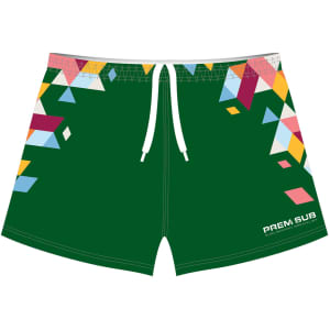 Green basketball shorts featuring a geometric pattern in various vibrant colours and an attached drawstring.