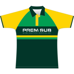 A green, yellow, and dark green Cricket Raglan Polo with a collar and a logo on the front.