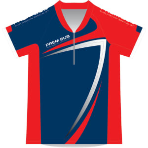 A cycling jersey in navy blue and red, featuring short sleeves and a zip collar, with a logo on the front.