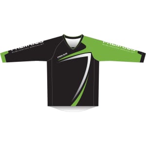 A black and green BMX cycling jersey featuring long sleeves and a branded logo.
