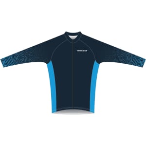 A long sleeve cycling jersey in navy blue with turquoise accents and a patterned design featuring a logo.