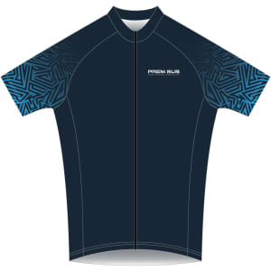 A short sleeve cycling jersey in dark blue with a patterned design and logo on the front.