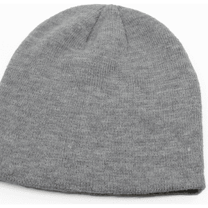 A grey beanie featuring a simple design. The item has a soft texture and a snug fit.