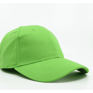 A bright green 6 panel brushed cotton cap with a curved brim and an adjustable strap at the back.