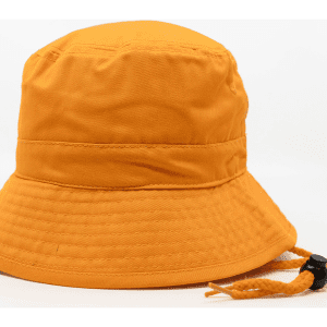 An orange bucket hat with a textured brim and a drawstring for adjustability. It features a logo on the side.