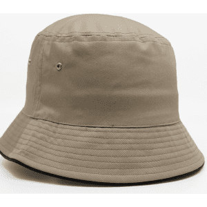 A beige bucket hat with a wide brim and metal eyelets, featuring a simple design and no visible logos.