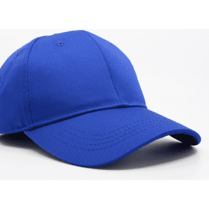 A blue poly/cotton cap with a curved brim and a logo on the side.